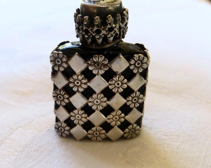 Sterling Mini Perfume Bottle, Sterling Overlay, Black Glass, Turquoise Bead Lid