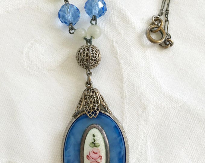 Art Deco Necklace, Blue Glass Pendant, Guilloche Panel, Glass and Moonstone Beads, Silver Filigree