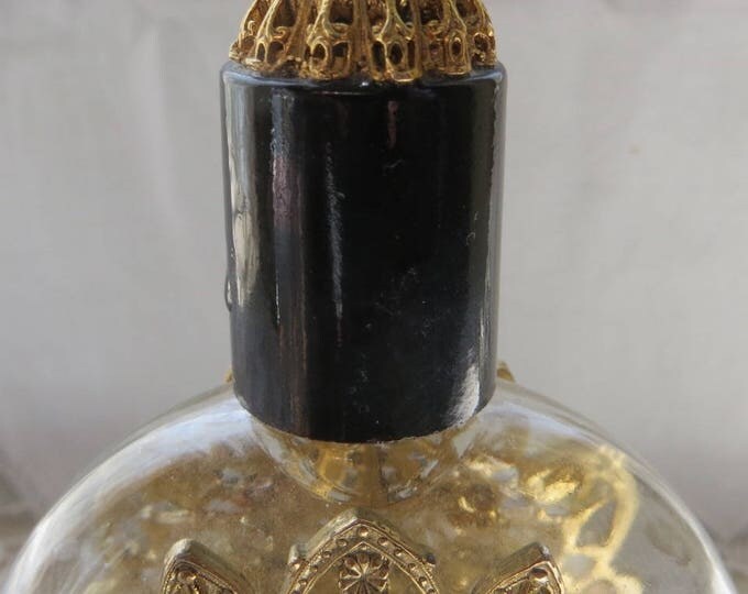 Filigree Perfume Bottle, Pearl and Onyx Stones, Vintage Vanity Bottle, Perfume Holder