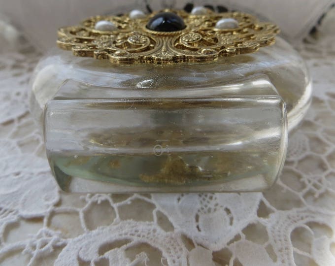 Filigree Perfume Bottle, Pearl and Onyx Stones, Vintage Vanity Bottle, Perfume Holder