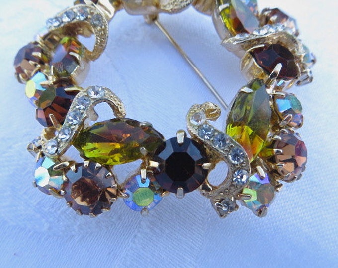 Rhinestone Brooch, Navette and AB stones, Green Amber Stones, Vintage Rhinestone Pin, Vintage Rhinestone Jewelry