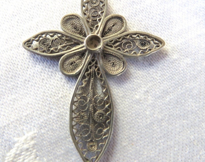 Sterling Filigree Cross Pendant, Cannetille Wire Work Cross, Vintage Sterling Cross, Religious Jewelry