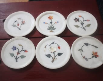 Vintage Set of Six Marble Coasters with Hand Painted Stylistic Flowers