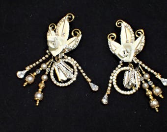 LATR Lunch At The Ritz Honor Rose Loops Clip Bridal Wedding Dangle Earrings