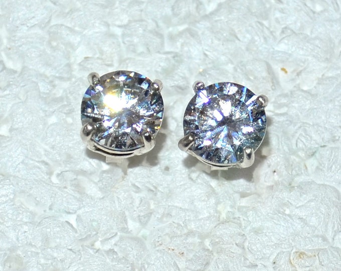 White Zircon Studs, 8mm Round, Natural, Set in Sterling Silver E1113