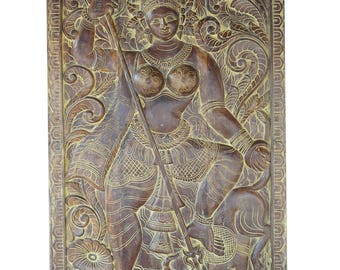 Antique Vintage Handcarved Shailaputri Goddess of Mother Nature Barn Door, Wall decor , Boho Zen interior design