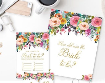 How old was the Bride Card and Sign, Bridal Shower Game Guess the Brides age cards, Gold text Watercolor flowers, DIGITAL FILES WS21