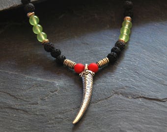 Primitive tribal necklace, Elephant tusk necklace, Engraved silver necklace, Rustic boho necklace, Beaded gemstone necklace for men, 1165-2
