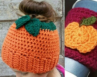 Pattern Pumpkin Spice Messy Bun Hat Crochet Pattern with Free Coffee Cozy pattern. Halloween Crochet Pattern. Fall / Autumn / crochet.