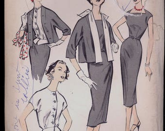 Part Cut 1950s Size 12 Bust 32 Edith Head Dress Jacket Weskit Blouse Advance 8591 Vintage Sewing Pattern 50s American Designer Wiggle