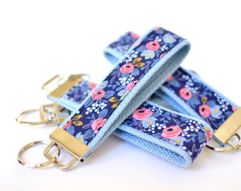 Fabric Key Chain, Floral Key Fob Wristlet, Gift for Teen Girl, Navy Key Wristlet, Rifle Fabric Keychain Blue Wrist Key Chain New Driver Gift