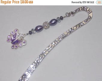 15%OFF Purple Glass Teardrop Clear Crystal Encrsted Silverplated Bead Enameled Purple Butterfly Bookmark