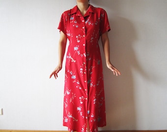 Red Floral Dress Button up Short Sleeve Summer Maxi Dress Large Plus Size