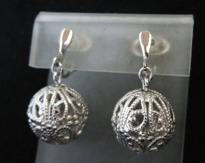 Trifari Dangling Ball Earrings | Vintage Filigree Clip-ons | Signed Designer Silver Tone Earrings