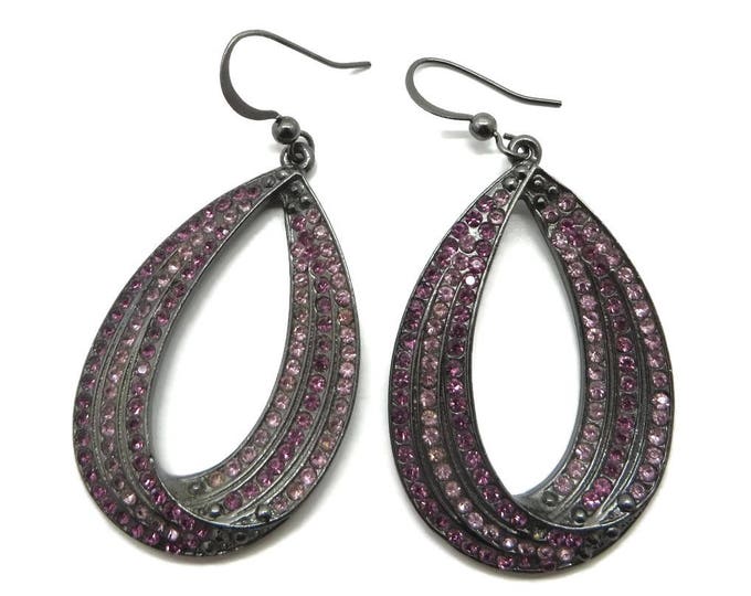 Rhinestone Disco Dangles, Pink Rhinestone Earrings, Pierced Dangling Earrings, Large Hoop Earrings