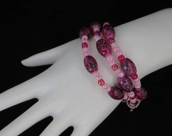 Vintage Beaded Bracelet - Pink Purple Bead Bracelet, Multistrand Boho Beaded Bracelet