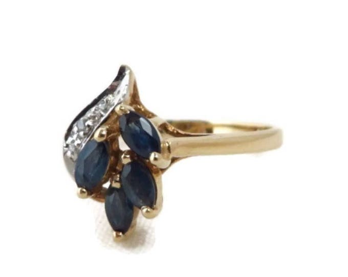 Sapphire Cocktail Ring, 10K Gold Ring, Vintage Diamond and Sapphire Cocktail Ring, Anniversary Ring, Size 6