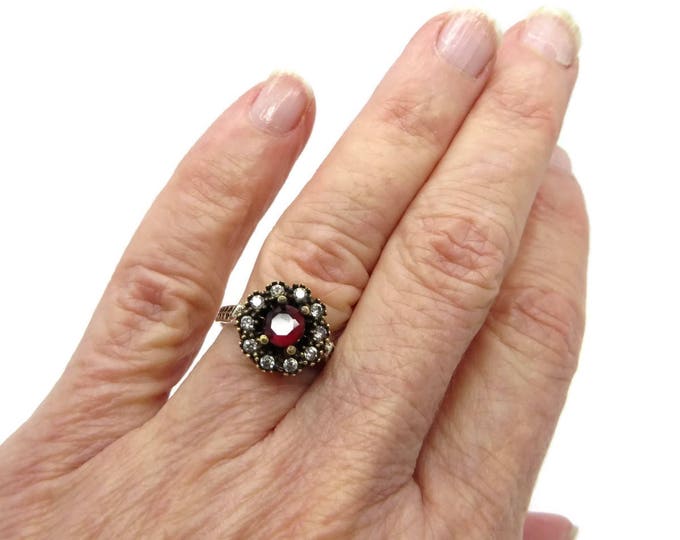 Vintage Faux Ruby Ring | Sterling Silver Cocktail Ring | Faux Ruby and CZs | Size 6