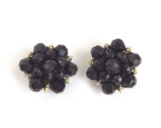 Cluster Bead Earrings - Vintage Hong Kong Black Beaded Earrings, Gold Tone Clip-ons, 60s Jewelry, Gift for Her, Gift Boxed Cluster Bead Earrings - Vintage Hong Kong Black Beaded Earrings, Gold Tone Clip-ons, 60s Jewelry, Gift for Her, Gift Boxed