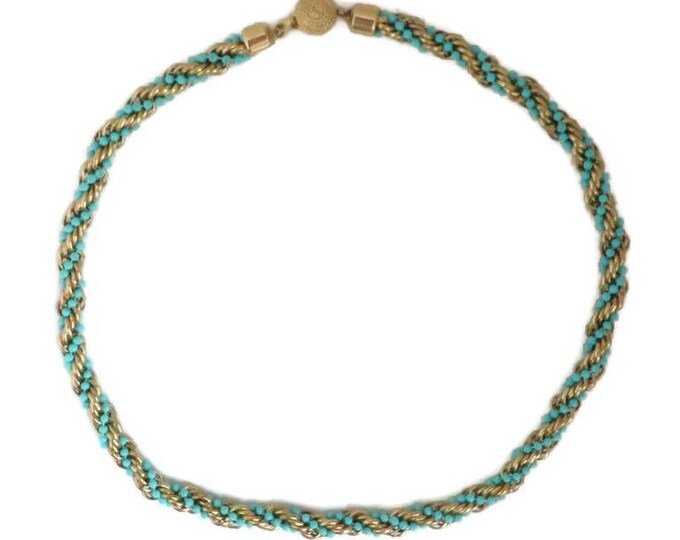 AVON Necklace - Vintage Turquoise & Gold Bead Rope Twist Necklace, Valentine's Day Gift, Gift Boxed