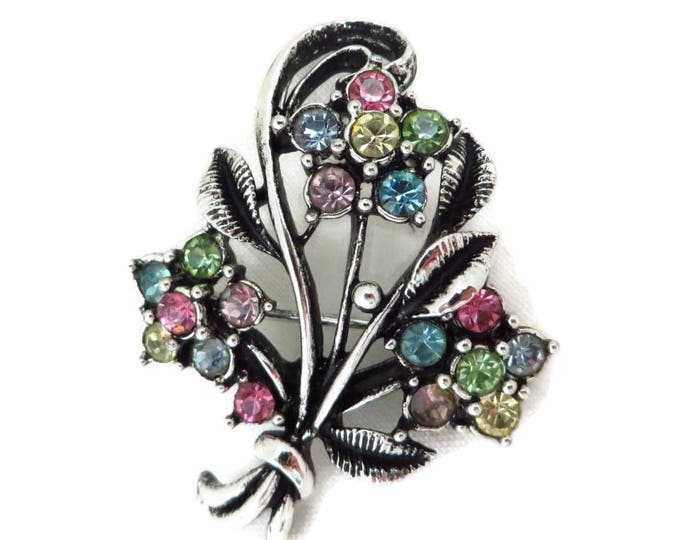 Vintage Flower Corsage Brooch - Silver Tone Rhinestone 1950s Floral Bouquet Pin