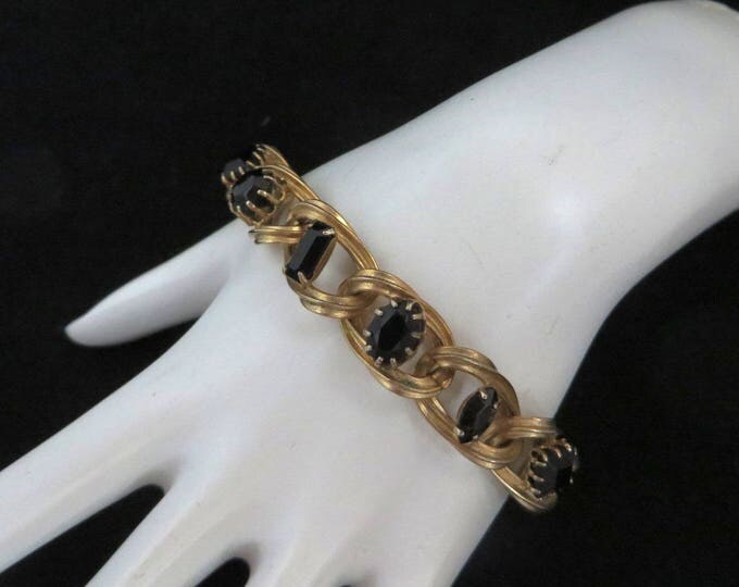 Black Rhinestone Bracelet - Vintage Gold Tone Chain Link Bracelet, Gift for Her