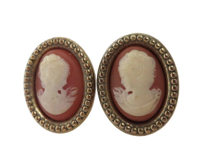 Vintage Coral Cameo Earrings | Oval Gold Tone Clip-ons