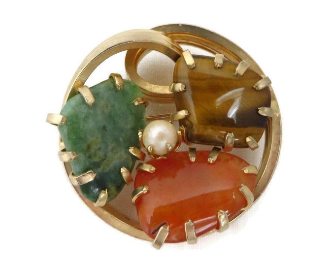 Vintage Faux Jade Brooch, Tiger Eye, Carnelian, Pearl Gold Tone Circle Pin, Estate Jewelry