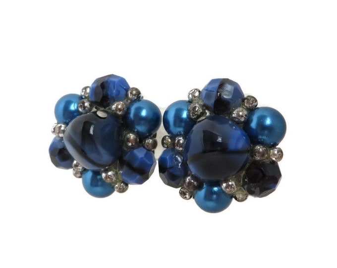 Trifari Blue Cluster Bead Earrings, Vintage Silver Tone Blue & Silver Bead Clip-ons
