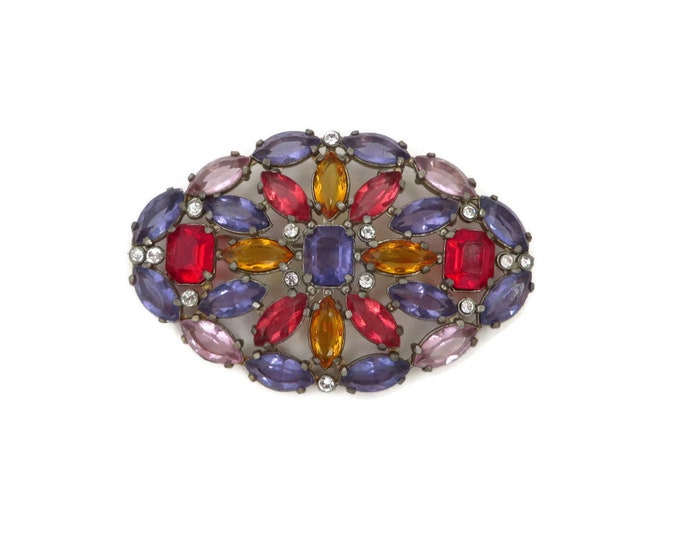 Pink & Purple Rhinestone Brooch, Large Oval Brooch, Vintage Mid-Century Costume Jewelry, Purple Pink Pin, Gift for Her Pink & Purple Rhinestone Brooch, Large Oval Brooch, Vintage Mid-Century Costume Jewelry, Purple Pink Pin, Gift for Her