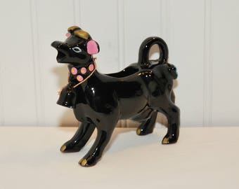 Vintage Black Ceramic Cow Creamer With Bell (c. 1950's) Made In Japan, Redware Ceramic, Vintage Mid Century Kitsch, Cow Collectible