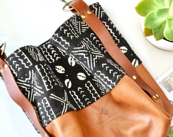 Leather Hobo Bag - Large Tan Leather Boho Bag - African Mudcloth - Bucket Bag - Hand Made in Australia