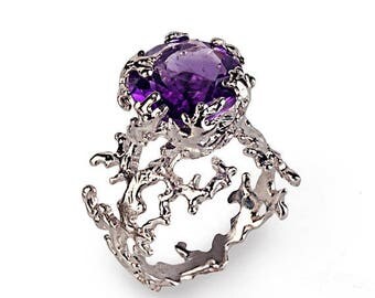 SALE 20% Off - CORAL Amethyst Engagement Ring, Statement Ring, Large Amethyst Ring, Silver Amethyst Ring, Birthstone Ring, Gift for Her