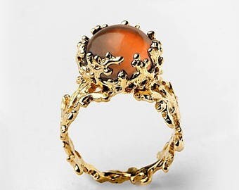 SALE 20% Off - CORAL Baltic Amber Ring, Statement Ring, Gold Amber Ring, Gold Gemstone Ring, Natural Amber Ring, Unique Gold Ring, Gold Ring