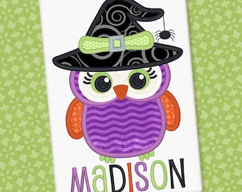 Personalized Halloween Girly Owl with Witch Hat Applique Shirt or Onesie for Boy or Girl