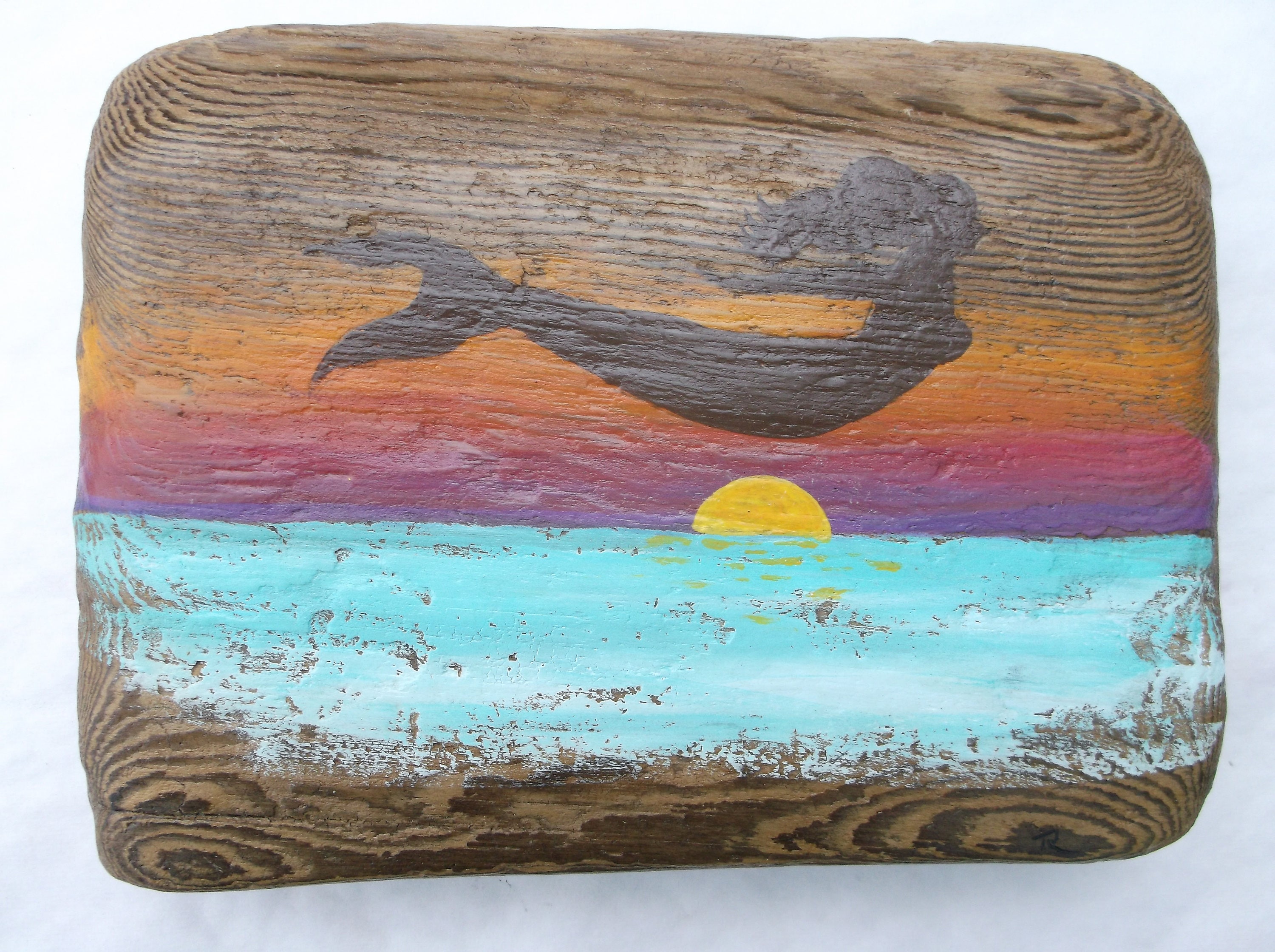 Mermaid on Driftwood with ocean sunset Nautical decor wall
