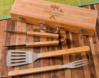 Personalized BBQ Grilling Set with Bamboo Case - BBQ Grilling Tools - Monogrammed Grilling Set - Groomsmen Gifts - Gifts for Him - GC1477