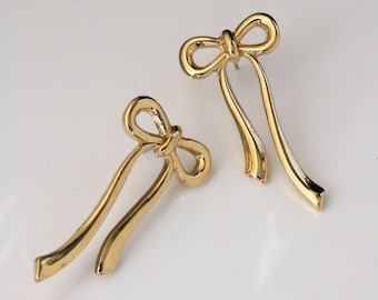 Vintage Gold Bow Earrings - Gold Ribbon Earrings
