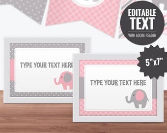 Elephant Place Cards - Editable Baby Shower Signs - Buffet Cards - Printable Food Cards - Pink and Gray Table Signs - Baby Girl Decor