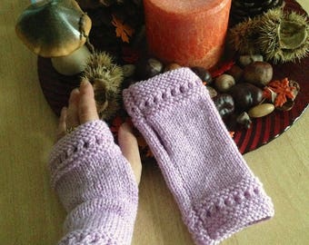 Short semi-ajourees hand knit fingerless gloves pink