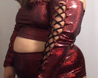 Red holographic off the shoulder crop top | lace up longsleeve | made to order | plus size | halloween costume rave wear festival outfit