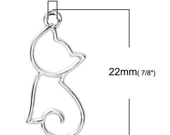 2 Filigree Cat Charms Kitten Pendants Silver Plate Hollow Cat Feline 4424