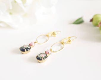 Earrings "Akulina" Golden brass & cabochon