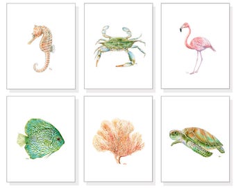 Beach Prints Ocean Prints Sea Prints Beach Art Beach Wall Art Ocean Decor Ocean Watercolor Fish Turtle Crab Coral Seahorse Flamingo Set of 6