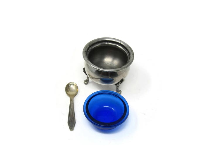 Antique Pewter Master Salt Cellar with Spoon - Witch Cauldron with Cobalt Blue Salt Cellar by Hanle ATC - Cobalt Blue Master Open Salt Dip