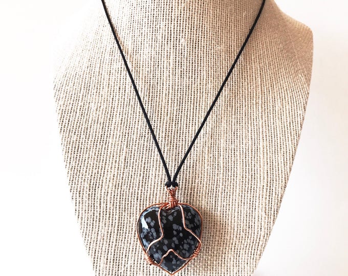 Black Heart Necklace. Black Wire Wrapped Glass Heart Necklace. Goth Necklace. Long Black Heart Necklace