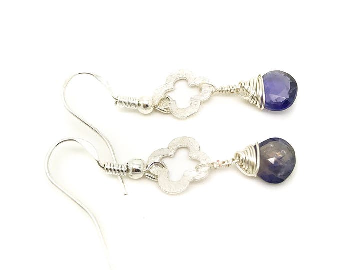 Iolite Gemstone Sterling Silve Earrings, Blue Iolite Earrings, Steiolite drop earrings Wire Wrapping Iolite Briolette, Blue Purple Iolite