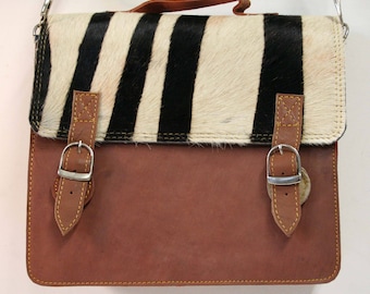Sac style cartable imprimé zebre cuir caramel