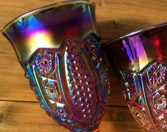 Carnival Glass Goblets, Sunset Indiana Iridescent Daisy Paneled Water / Wine Glasses, Sold in Pairs