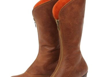 Women Leather Boots / Cowboy Boots / Casual Leather Shoes / Lined Wood Heels Boots / Zipper Closure Boots / Sexy Country Chic Boots - Tommy